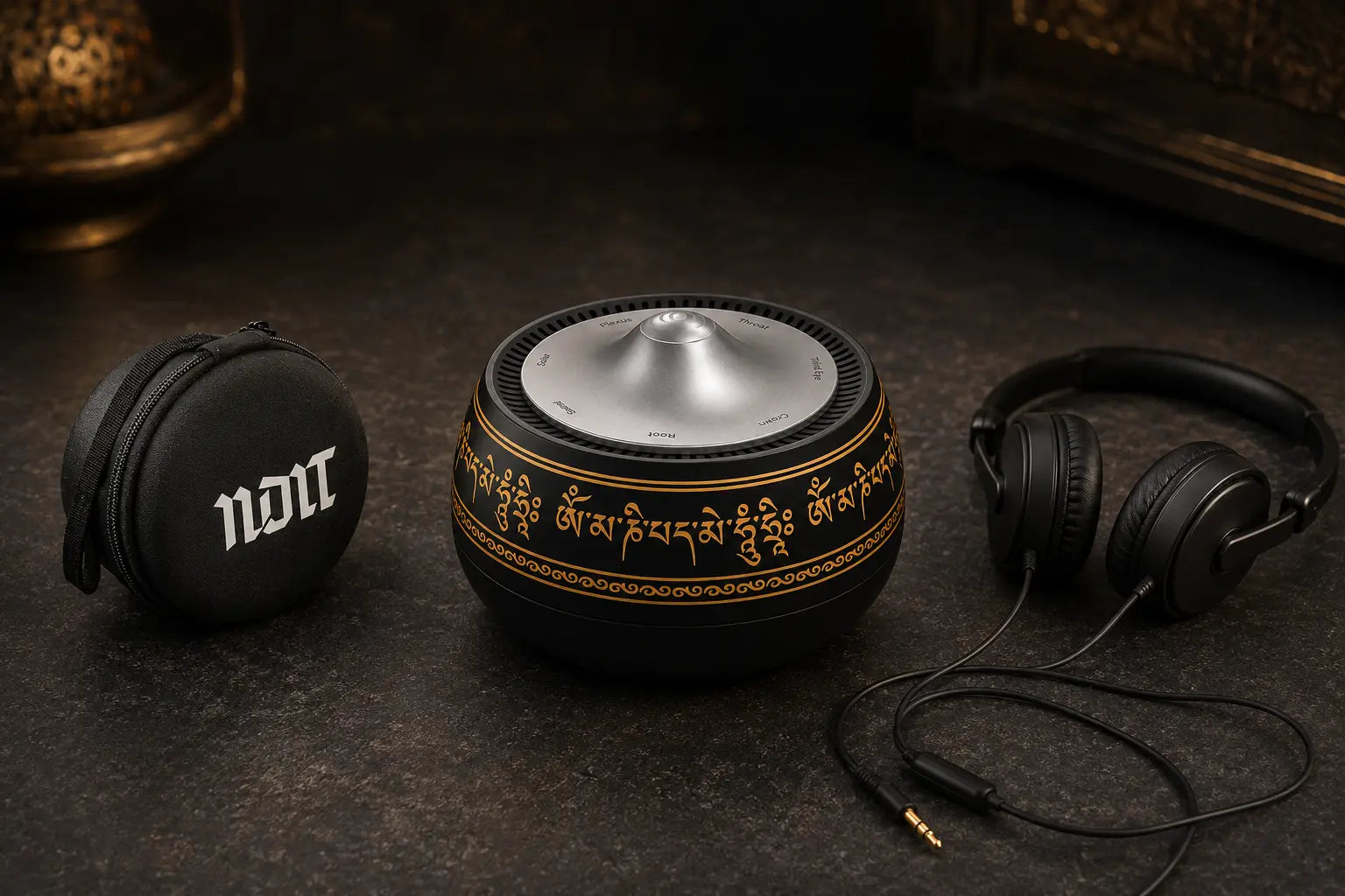 Compact Resonance Bowl with its pouch and wired headphones