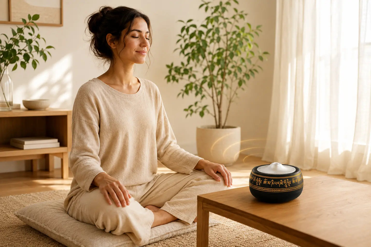 A relaxed woman meditating with The Resonance Bowl in a bright morning room